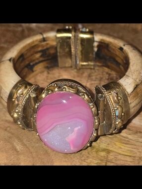 New Tara Mesa Purple pink Drusy Quartz & water buffalo Bone Bangle Bracelet